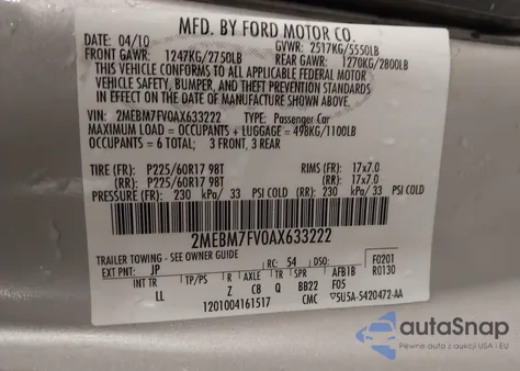 2010 Mercury Grand Marquis Ls (Fleet Only) из США, поврежденный, VIN 2MEBM7FV0AX633222